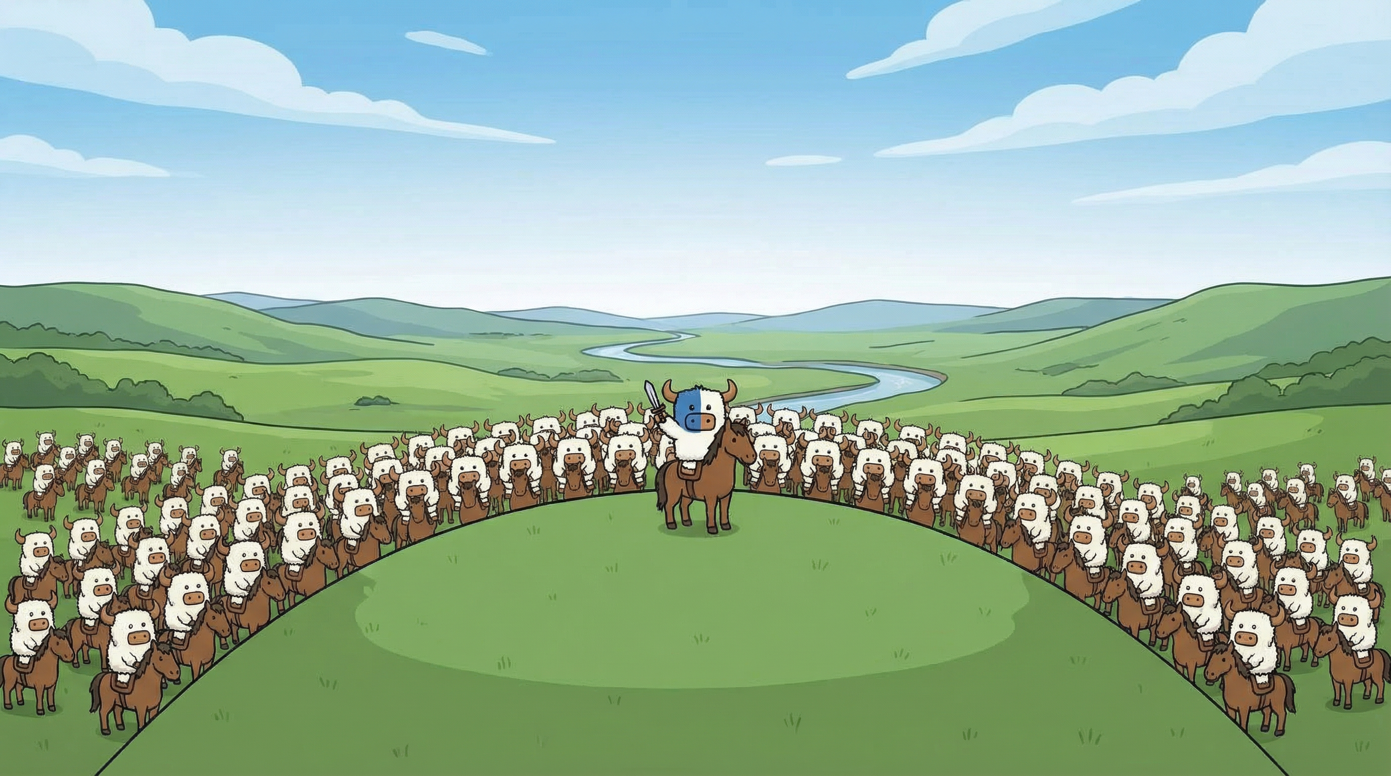 A herd of enthusiastic oxen running towards the future